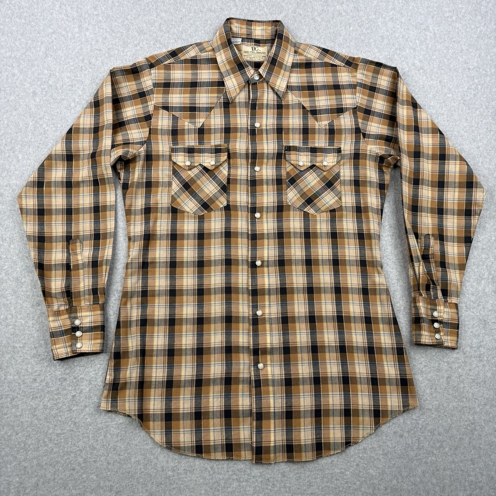 Vintage Dee‎ Cee Shirt Mens Medium Beige Plaid 70s Pearl Snap Sawtooth Made USA